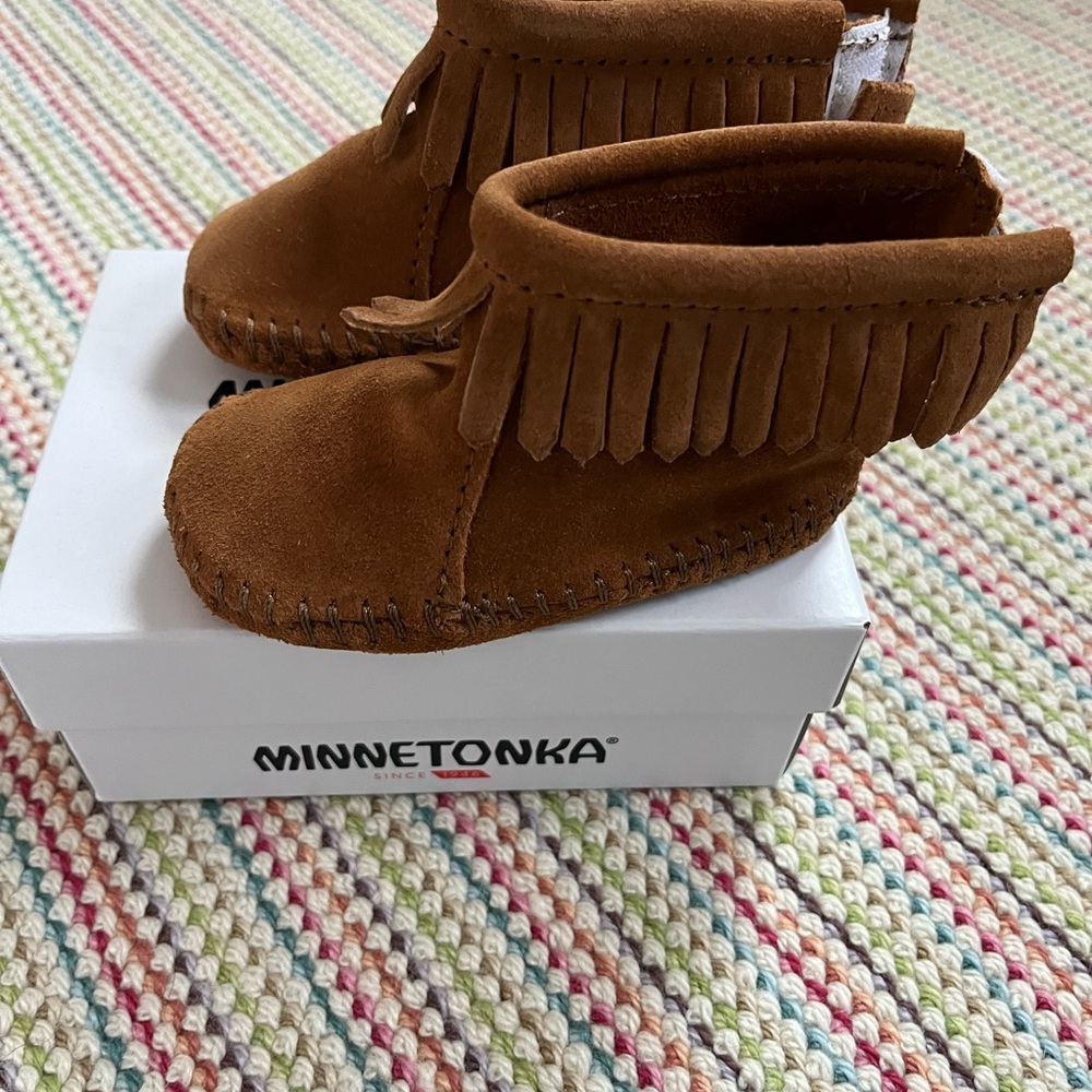 Minnetonka Tan Kids Moccasins with Fringe